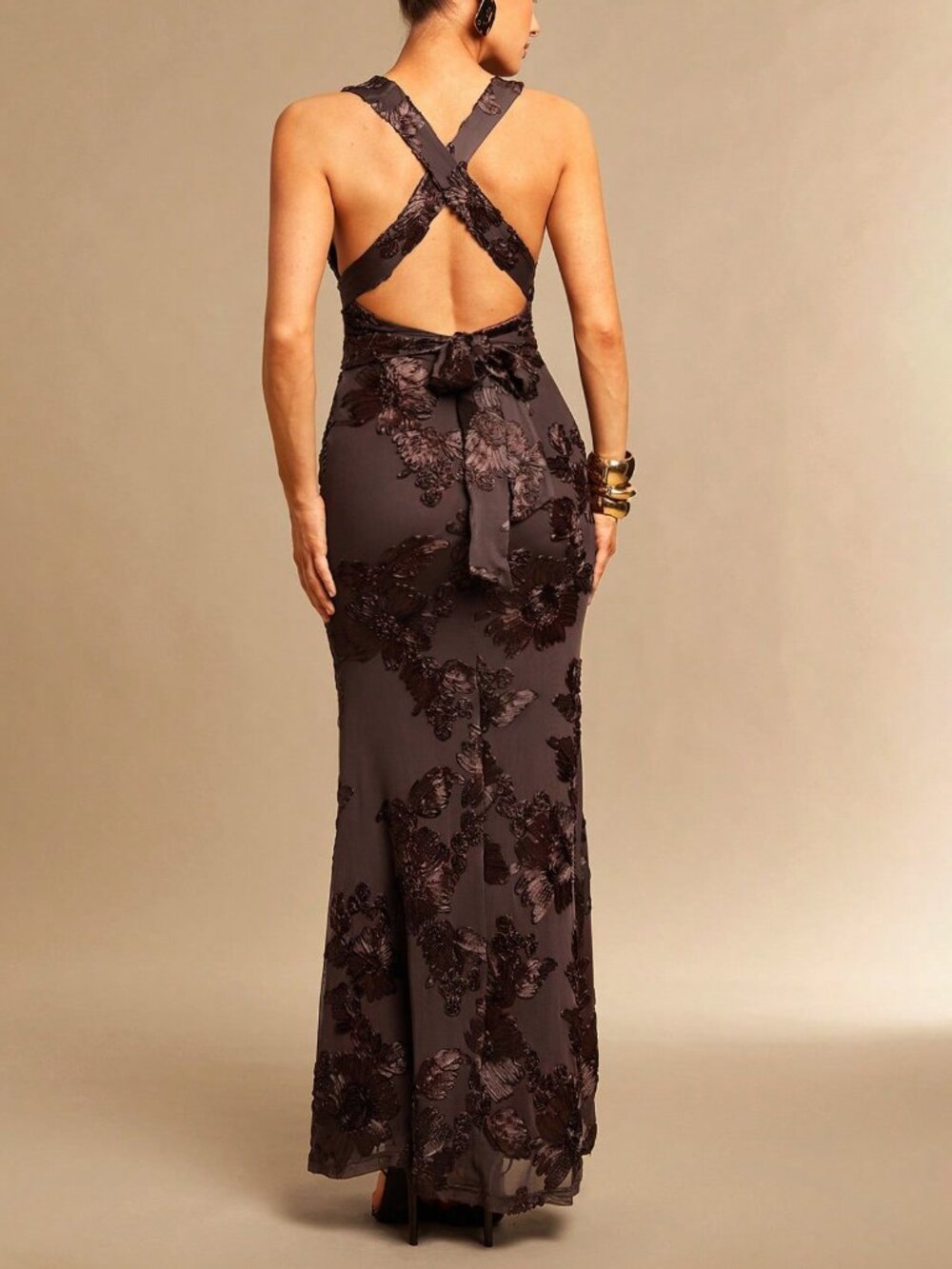 Coffee Brown Elegant Women's Dress with Shawl Collar and Asymmetrical High Slit - Picture 3 of 7